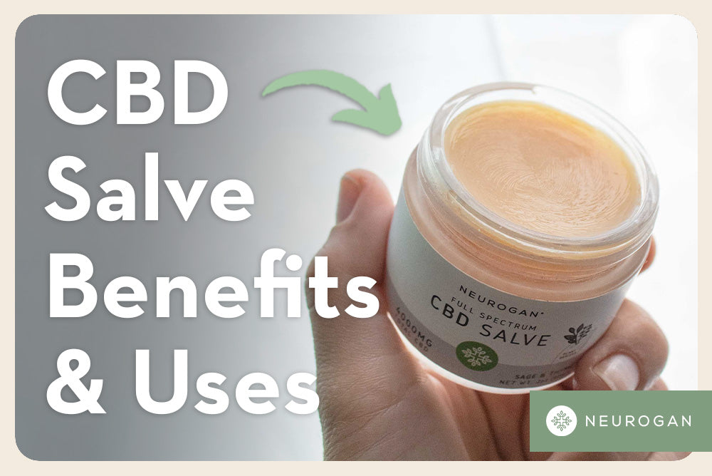 An open jar of Neurogan Healths CBD salve. Text: CBD salve benefits and uses