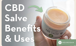 An open jar of Neurogan Healths CBD salve. Text: CBD salve benefits and uses