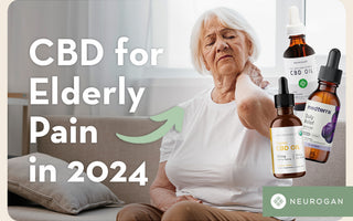 Elderly woman holding her neck from pain. Text: CBD for eldery pain in 2024