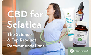 Woman stretching her back. Text: CBD For sciatica, the science and top product recommendations