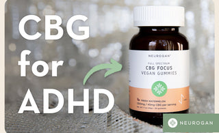 A bottle of Neurogan CBG Focus gummies. Text: CBG for ADHD