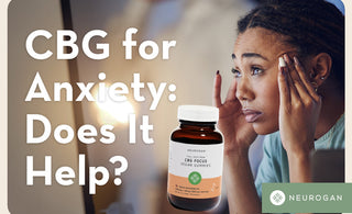 A woman holding her temples from stress. Text: CBG for anxiety does it help?