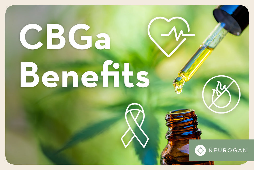 Cannabis flower and a dropper of oil. Text: CBGa Benefits