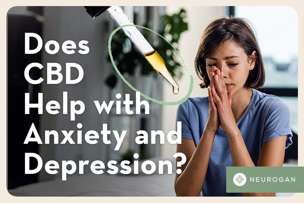 An anxious woman holding her palms together. Text: Does CBD help with Anxiety and Depression?