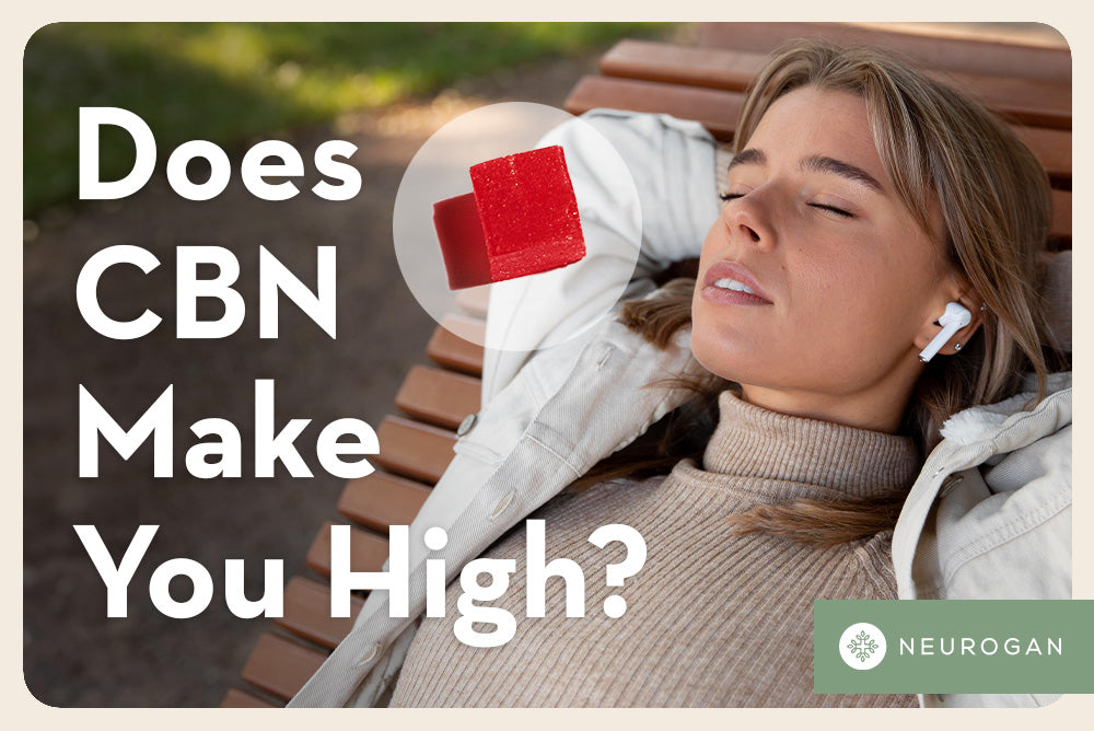 A woman lounging on a bench with headphone in. Text: Does CBN make you high?