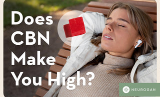 A woman lounging on a bench with headphone in. Text: Does CBN make you high?