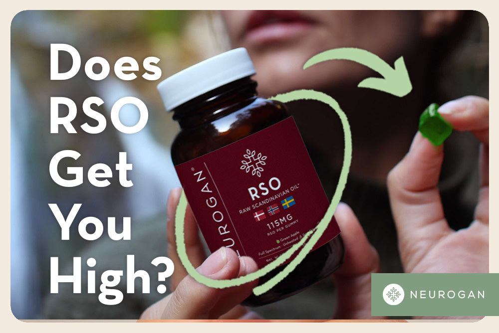 woman holding Neurogan RSO gummies. Text: Does RSO get you high?
