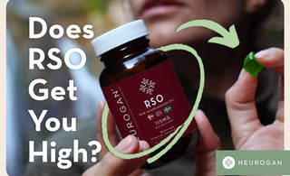 woman holding Neurogan RSO gummies. Text: Does RSO get you high?