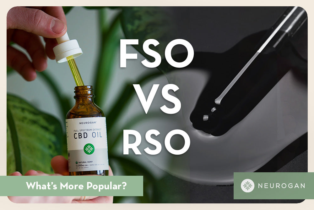 Full spectrum CBD oil from neurogan and Rick Simpson Oil comparision. Text: FSO vs RSO 