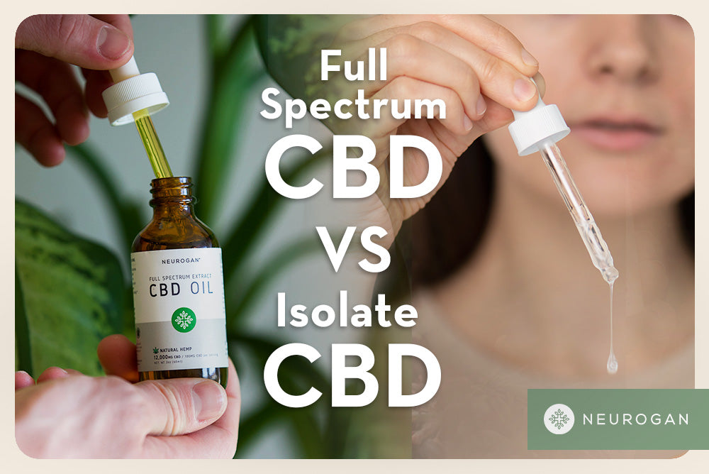 Pulling out Neurogan CBD Oil. Text: Full spectrum CBD vs Isolate