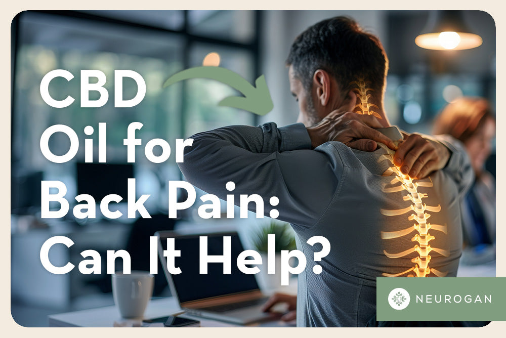 A man hunched over with spine in pain. Text: CBD for back pain: can it help? 