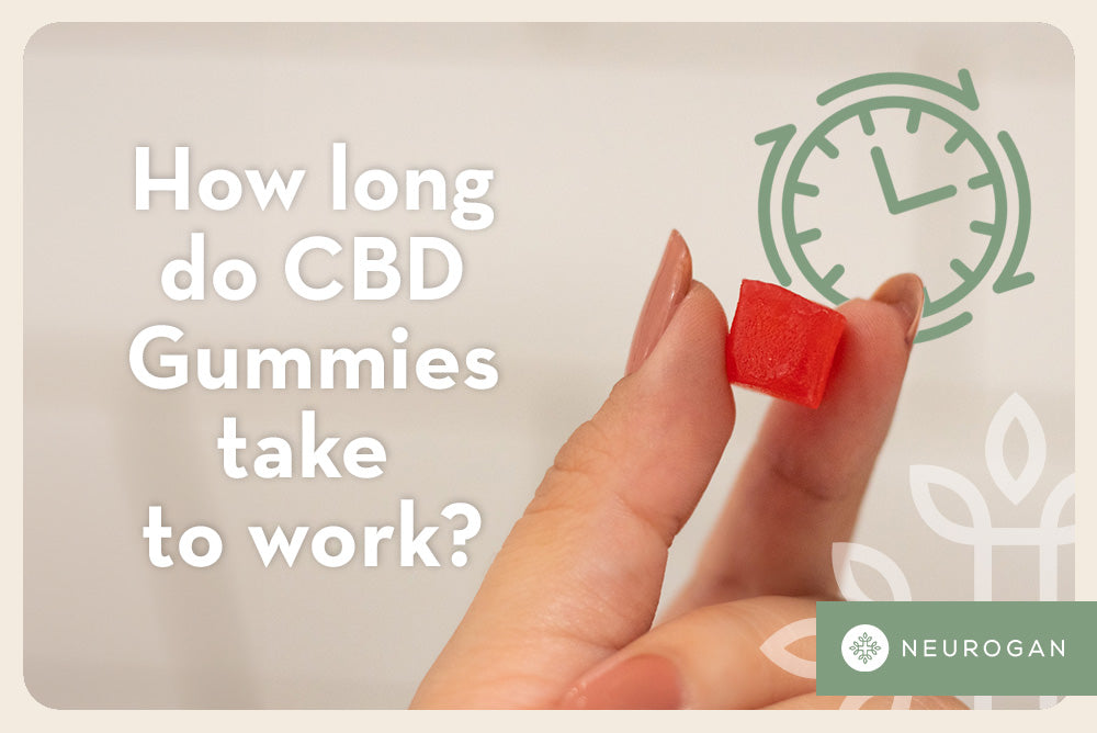 A hand holding a red CBD gummy square with a clock graphic behind it.