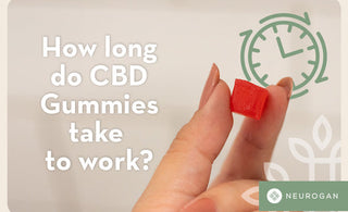 A hand holding a red CBD gummy square with a clock graphic behind it.