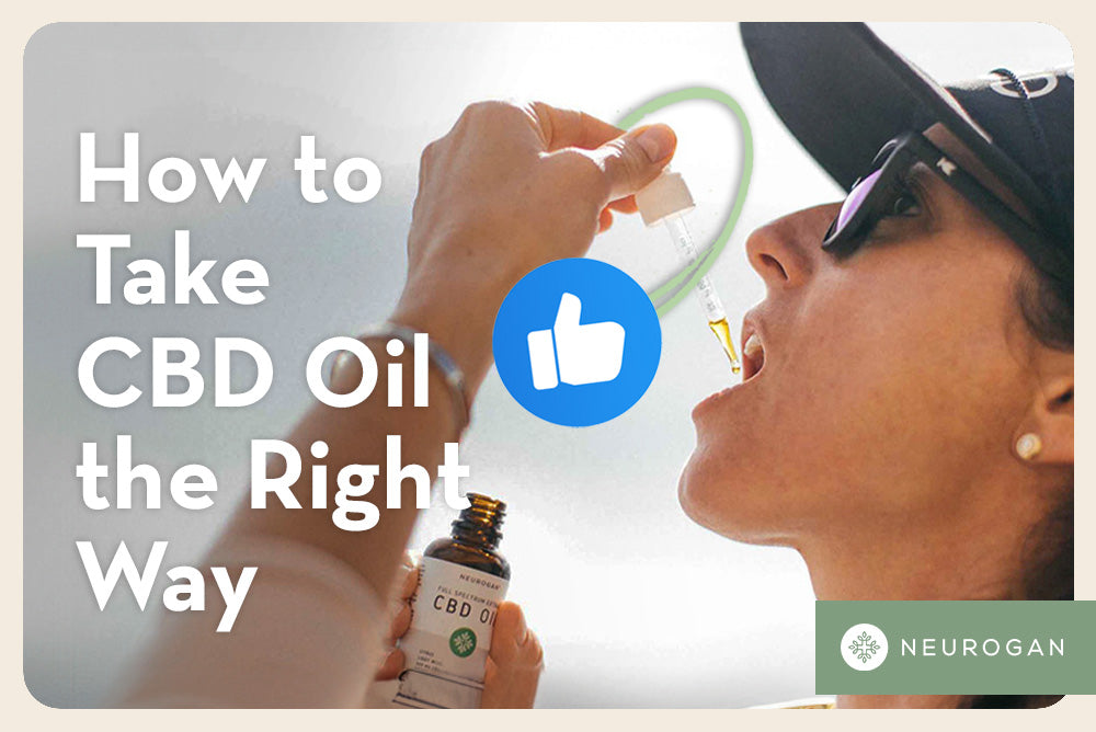 Woman pouring drops of CBD oil into her mouth. Text: How to take CBD oil the right way