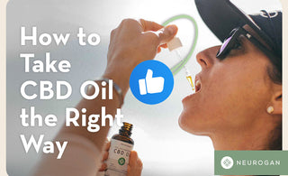 Woman pouring drops of CBD oil into her mouth. Text: How to take CBD oil the right way
