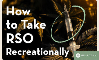 A photo of traditional RSO in a syringe next to cannabis plants. Text: How to take RSO Recreationally 