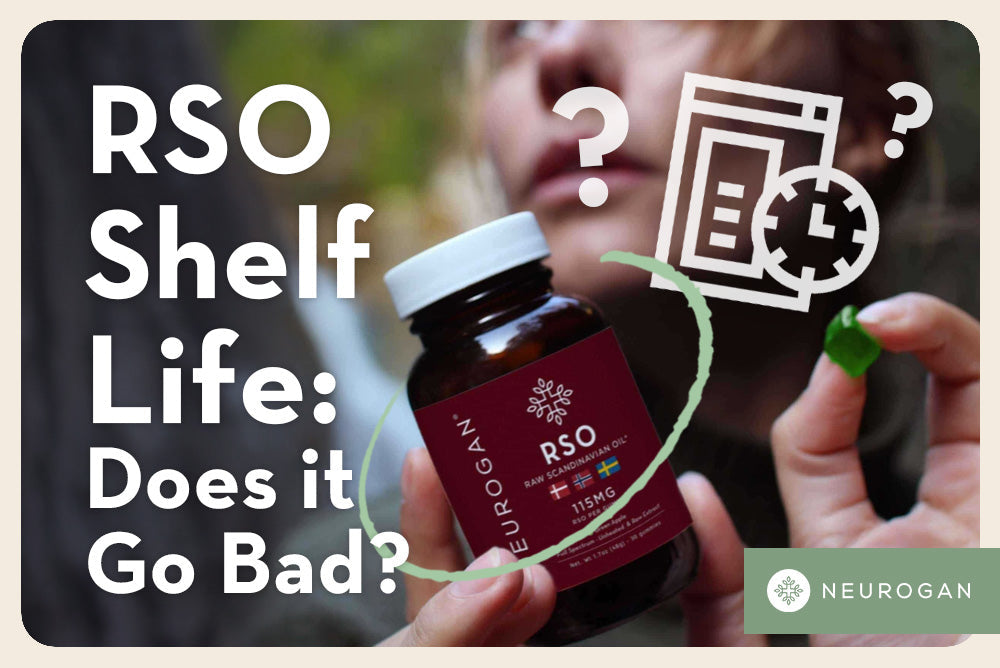 Holding Neurogan RSO gummies. Text: RSO Shelf life: Does it go bad? 