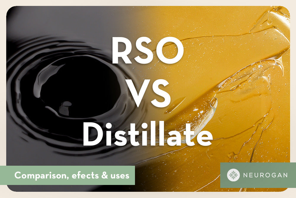 Image of RSO next to a distillate text: RSO vs distillate