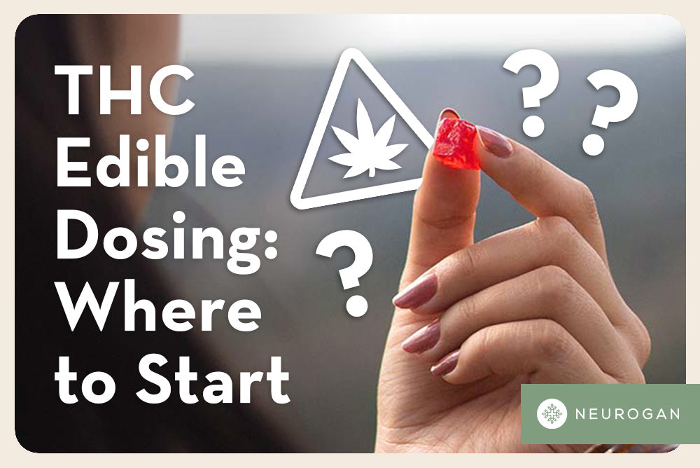A woman holding THC gummies. Text: THC edible Dosing: Where to Start 