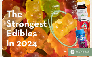 Colorful gummy bears with bottles of Strong cannabis edibles. Text: The strongest Edibles in 2024