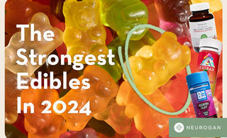 Colorful gummy bears with bottles of Strong cannabis edibles. Text: The strongest Edibles in 2024