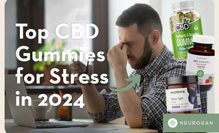 Man looking stressed at a table. Text: Top CHD gummies for stress in 2024