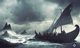 Gray Stormy Skies and Rough Ocean Waters, as Vikings Travel by Boat with Nordic Engravings