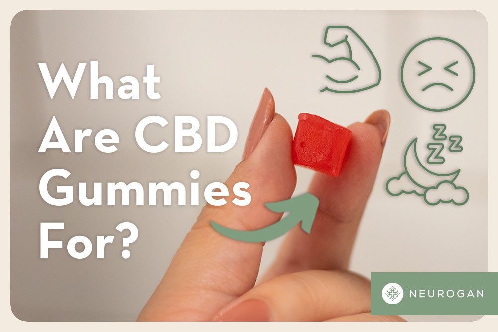 Holding CBD gummies in between fingers. Text: What Are CBD Gummies For?