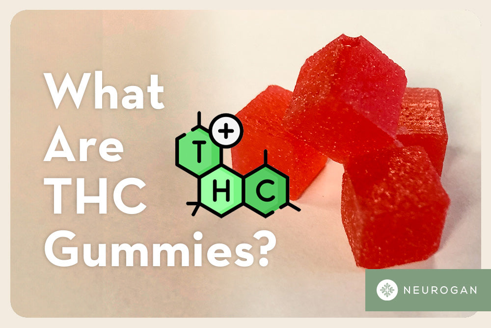 Three red THC gummies. Text: What are THC Gummies?