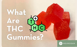 Three red THC gummies. Text: What are THC Gummies?