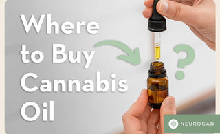 Holding a bottle of cannabis oil. Text: Where to buy cannabis oil