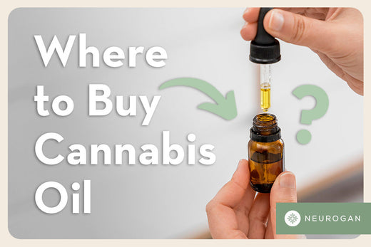 Holding a bottle of cannabis oil. Text: Where to buy cannabis oil