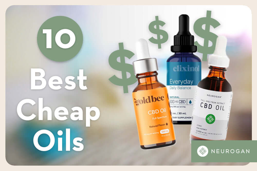 Three cheap cbd oil brands bottles. Text: Best cheap oils