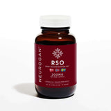 Bottle of full spectrum RSO Capsules, amber colored bottle, white cap, 30 total capsules, 