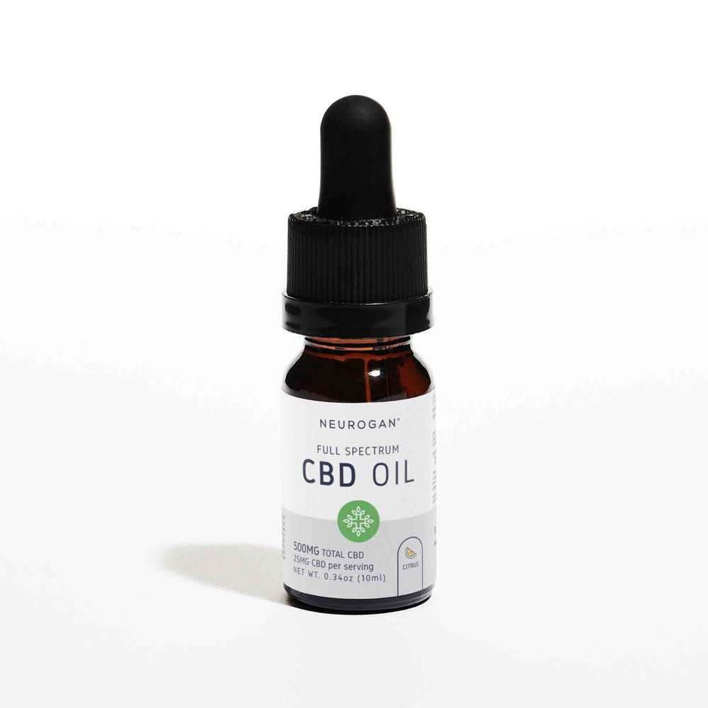 A bottle of Free CBD sample CBD Oil, 10 ml, 500mg total CBD, amber glass bottle, black top dropper