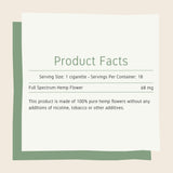 Product facts featuring serving size of 1 CBD Cigarette, 18 cigarettes per container, and full list of ingredients