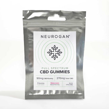 Pack of free CBD Gummies, 90mg CBD per gummy, three pieces, watermelon flavored.