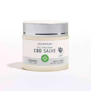 Full Spectrum CBD Salve in a glass jar with beige colored cream and silver lid