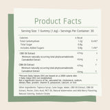 Nutrition facts featuring serving size of 1 gummy square, 30 servings per container, and full list of ingredients