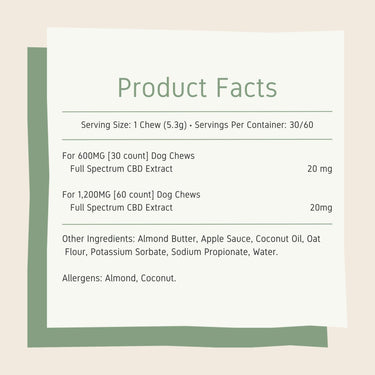 CBD Dog Treats facts featuring a serving size of 1 chew,30/60 servings per container, and full list of ingredients