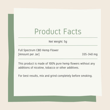 Product facts featuring net weight of 5g CBD flowers servings per container, and instructions on how to use.