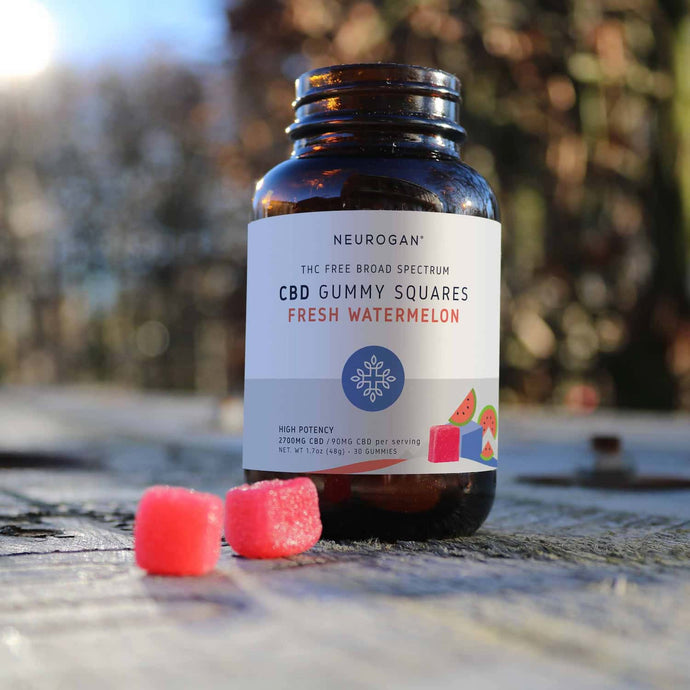 n open bottle of THC-Free CBD Gummies with two pieces of square gummies on a wooden table