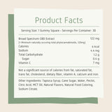 Nutrition facts featuring serving size of 1 THC free gummy, 30 servings per container, and full list of ingredients