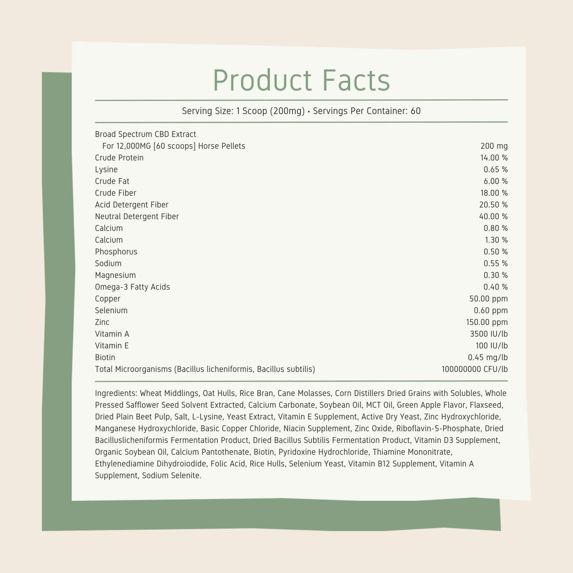 Broad Spectrum CBD Horse Pellets 12000mg product facts and full list of ingredients
