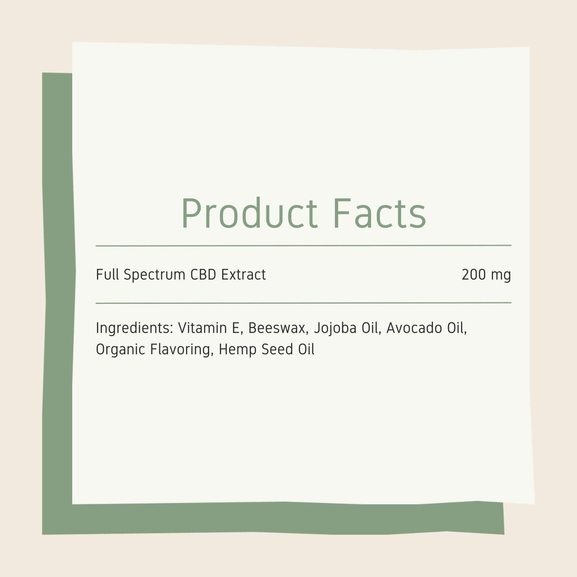 CBD Lip Balm 200mg product facts and full list of ingredients