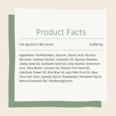 CBD Body lotion 16000mg product facts and full list of ingredients
