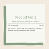 product facts featuring serving size of 1 CBD pre-roll, 5 rolls per container, and full list of ingredients