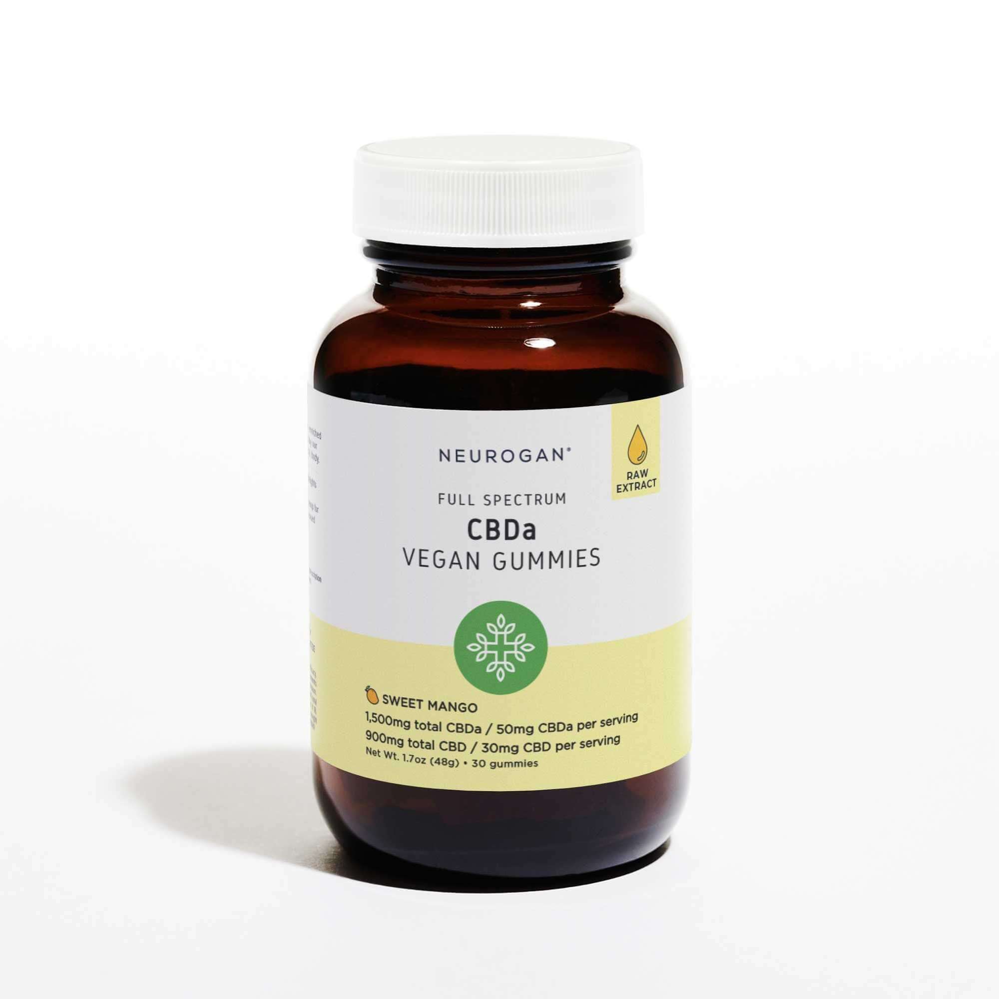 A bottle of CBDa gummies, sweet mango flavored, white top lid, and label including total mg of CBD and CBDa