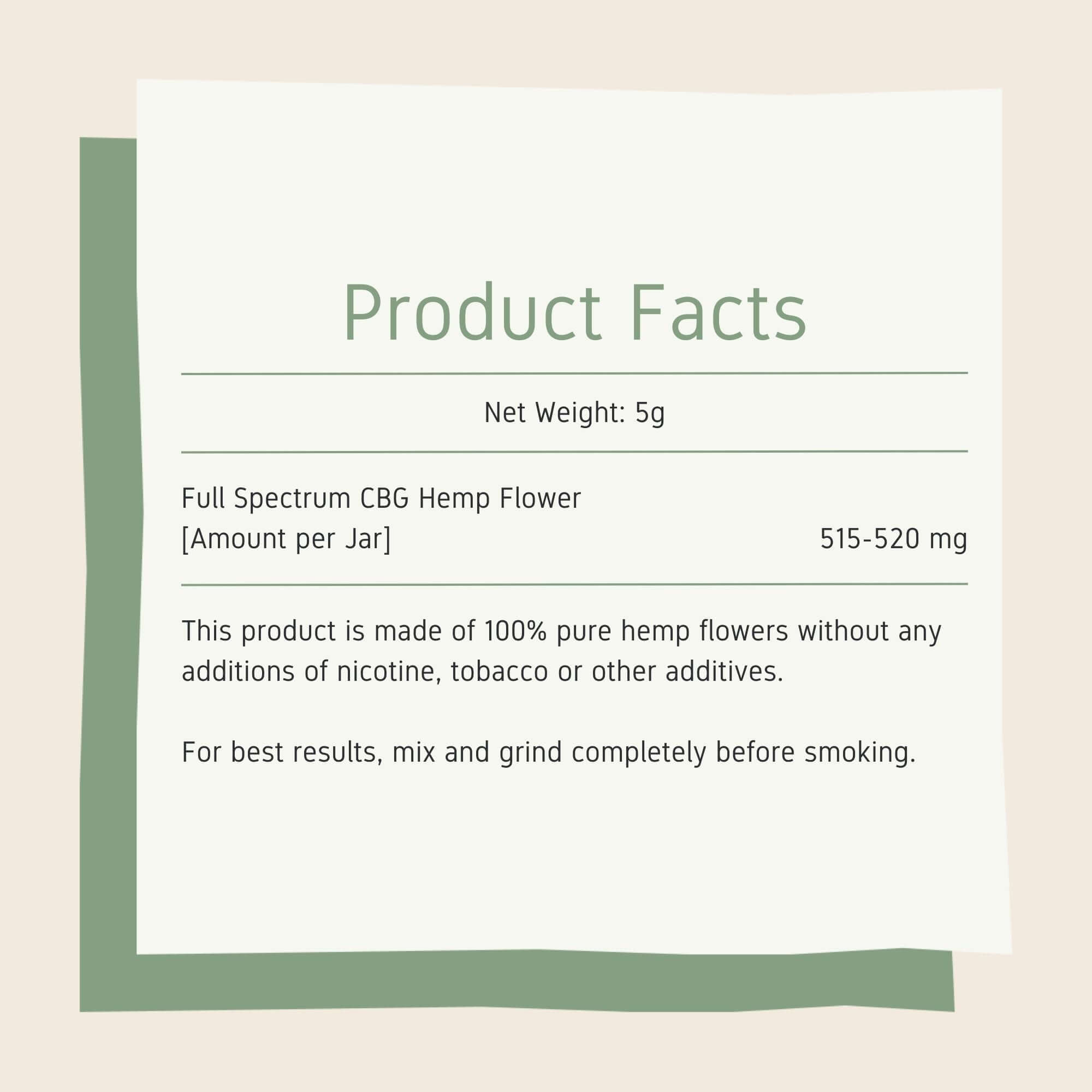 Product facts featuring net weight of 5g CBG flowers servings per container, and instructions on how to use. 