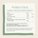 Nutrition facts featuring serving size of 1 CBN gummy square, 30 servings per container, and full list of ingredients